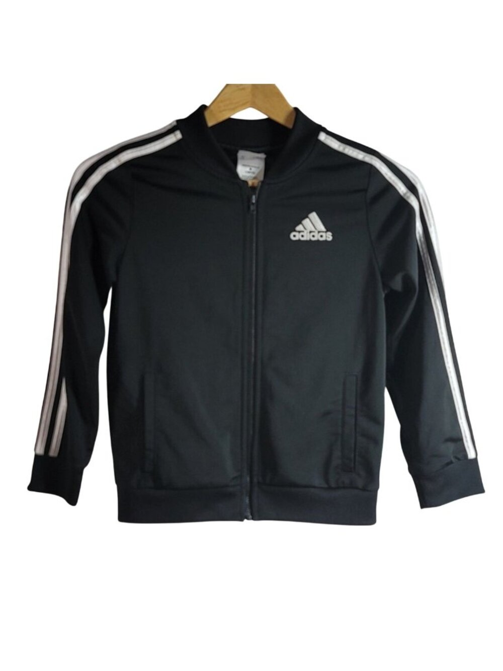 Adidas Girl Bomber Jacket Black Medium Logo Zip Welt Pockets Long Sleeves Tricot